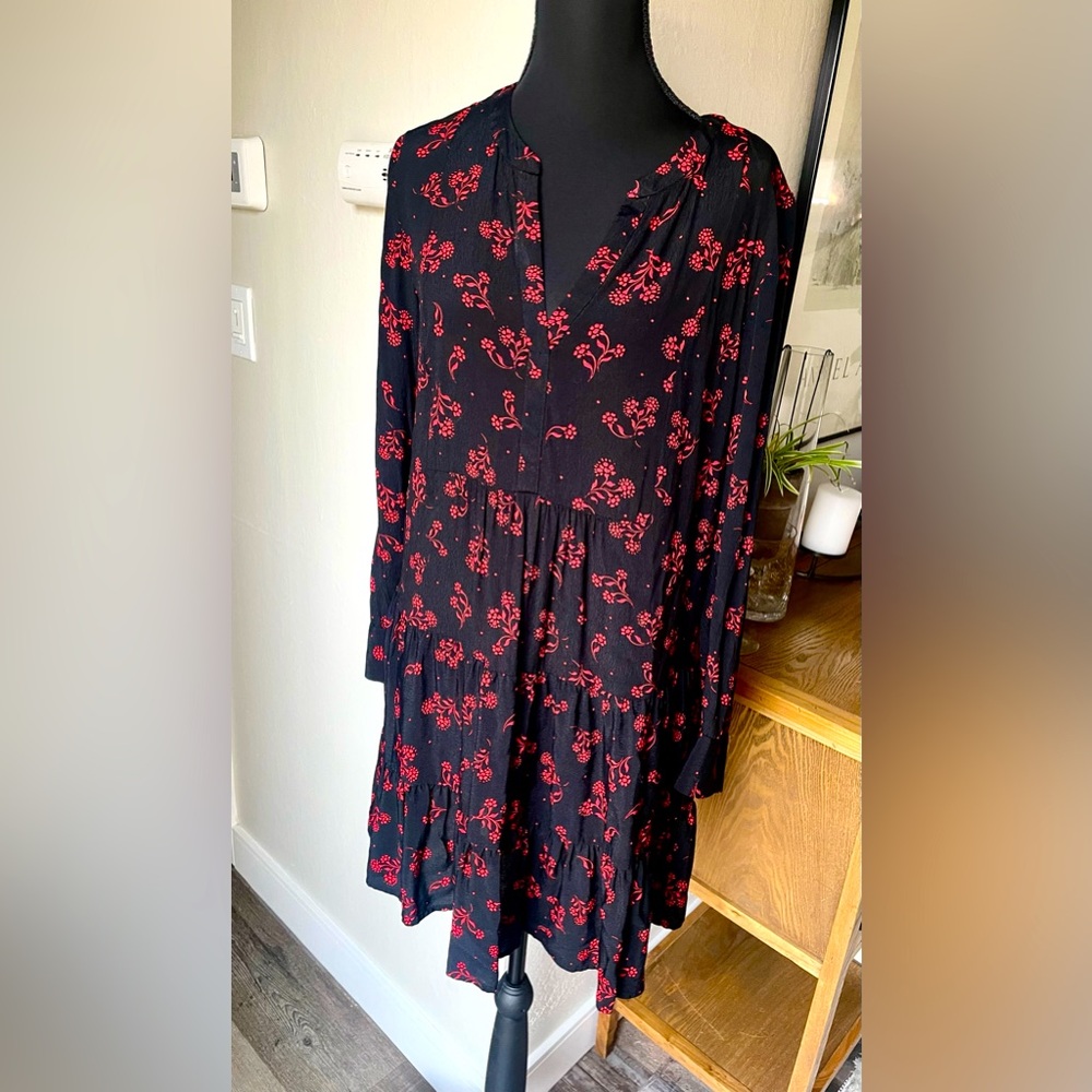 The Loft Black Red Floral Tiered Ruffle Dress - Size small